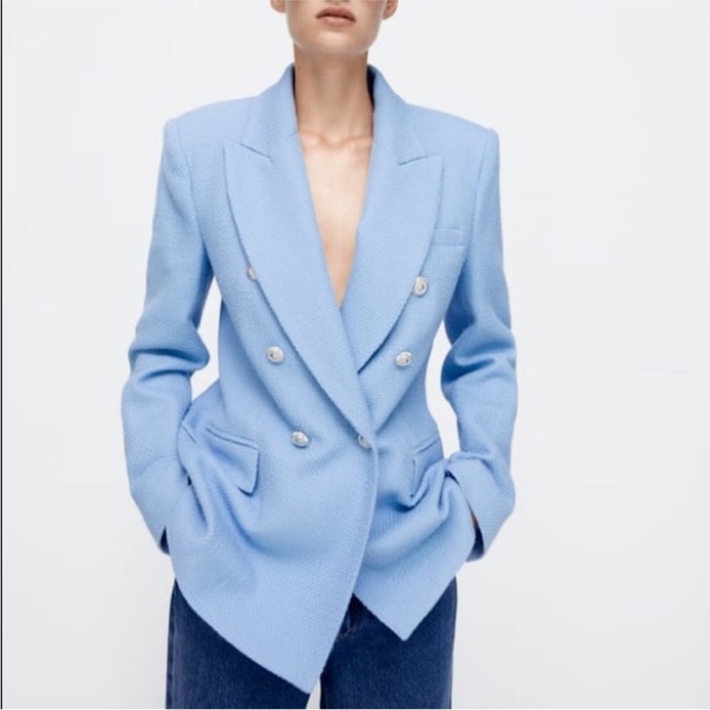 Zara sky blue textured tweed double breasted blazer. S .